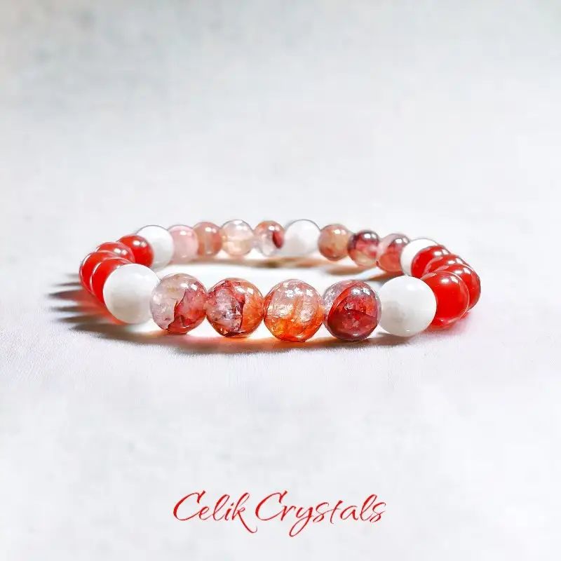 Fire Quartz, Carnelian, Moonstone Bracelet Celik Crystals Original Design Natural Healing Stones Stretch Crystal Bracelet Soothing Energy