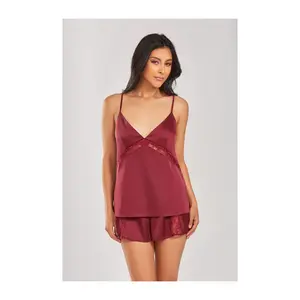 iCollection Stretch Satin with Lace Cami & Shor ts Set