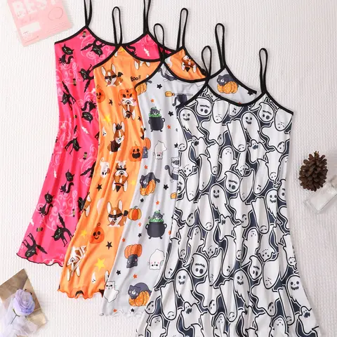 4-Piece Halloween Sexy Fitted Nightgown Set, Polyester Night Gown, Women's Sleeveless Spooky Print Sleepwear, Comfortable & Stylish, Perfect for Halloween Parties
