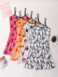 4-piece halloween sexy nightgown set, women's lace-up backless sleepwear, spooky pattern, comfortable & stylish, perfect for halloween parties