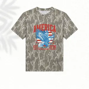 America Patriotic Camo Graphic Tee, USA Flag Style Short Sleeve Shirt, Red Blue Outdoor Casual T-Shirt for Men Women