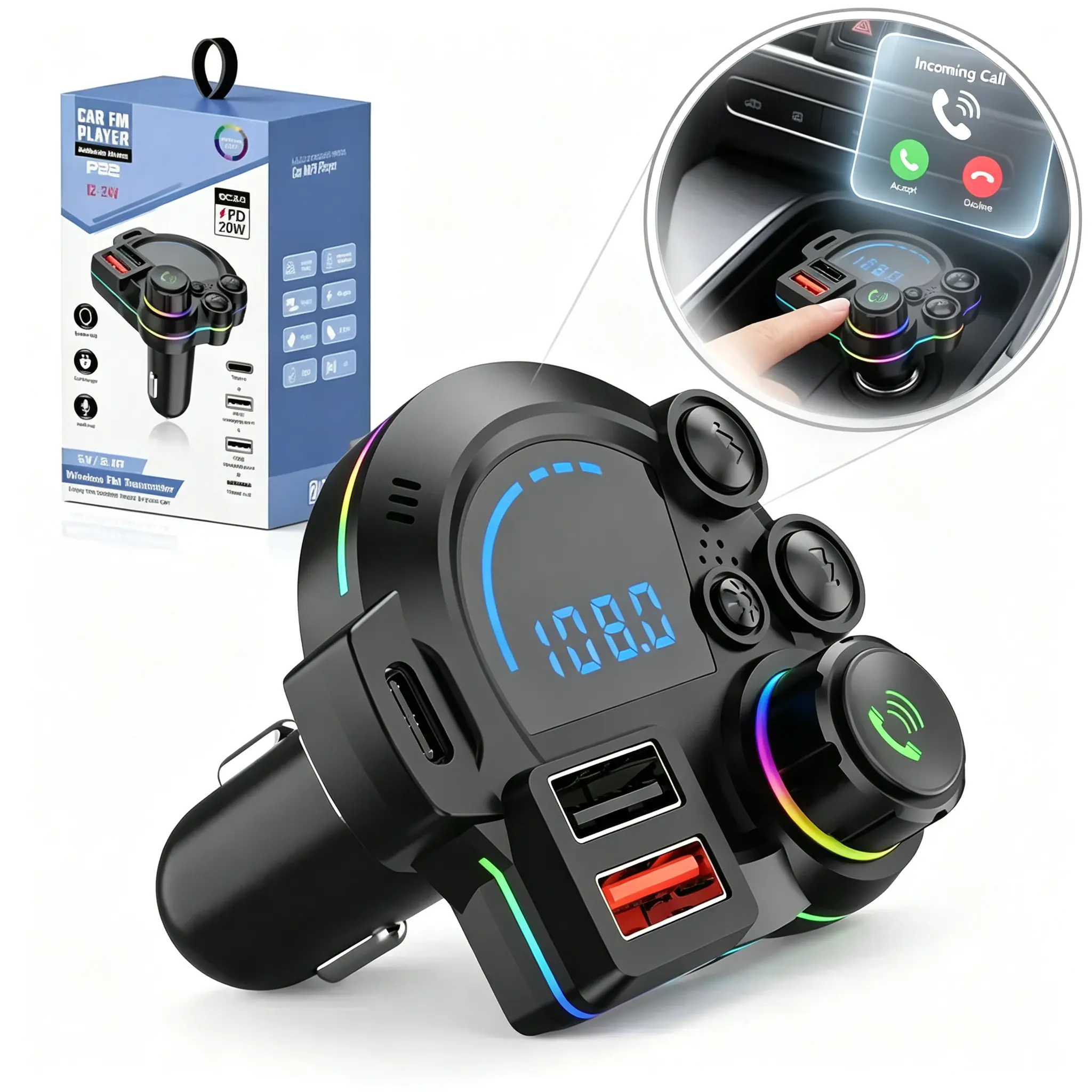 Bluetooth 5.3 Wireless Car FM Transmitter Radio Receiver, PD 20W Type-C Fast Car Charger, RGB Glowing Car MP3 Player, Dual USB, Hands-Free Call, Support TF Card U Disk AUX Output, 12V-24V Car Road Trip Essentials