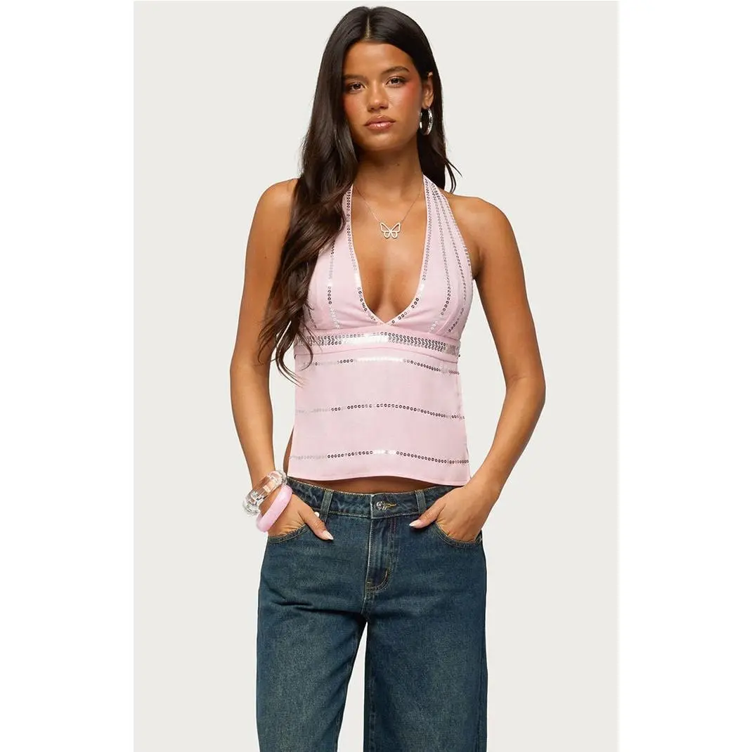 Edikted Women's Roey Sequin Chiffon Backless Top
