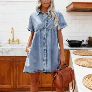 Women's Babydoll Denim Dress - Tiered Short Sleeve, Button Down Jean Shirt Style