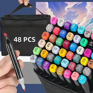 48-Color Dual-Tip Alcohol Marker Set for Artists, Ideal for Drawing, Sketching, Coloring & Highlighting, Non-Toxic Pens in Case, Colored Markers Set