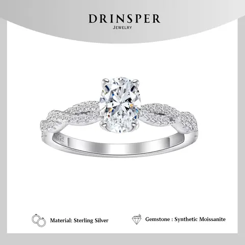 DRINSPER Female 925 Sterling Silver Twisted Band Bridal Ring, 1.0ct D-VVS Synthetic Moissanite Dazzling Oval-Shaped Gemstone, Elegant Everyday Ring for Engagement & Wedding Wear