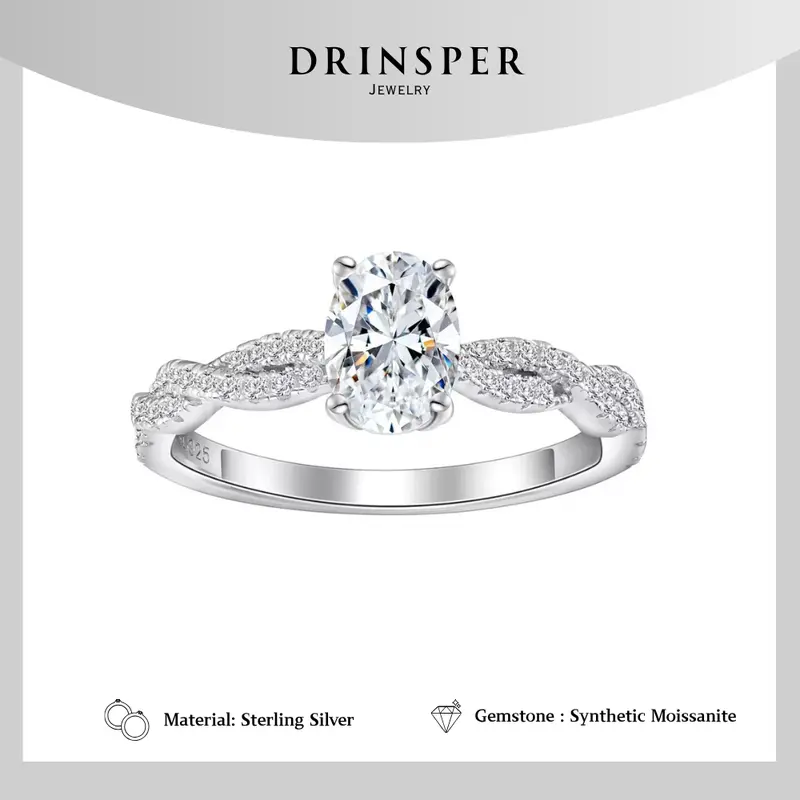 DRINSPER Female 925 Sterling Silver Twisted Band Bridal Ring, 1.0ct D-VVS Synthetic Moissanite Dazzling Oval-Shaped Gemstone, Elegant Everyday Ring for Engagement & Wedding Wear