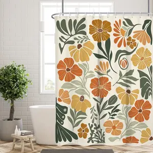Boho Floral Shower Curtain Cute Colorful Fun Abstract Orange Flower Vintage Bohemian Terracotta Botanical Mid Century Yellow Green Fabric Cloth Bathroom Decor Polyester 12 Hooks