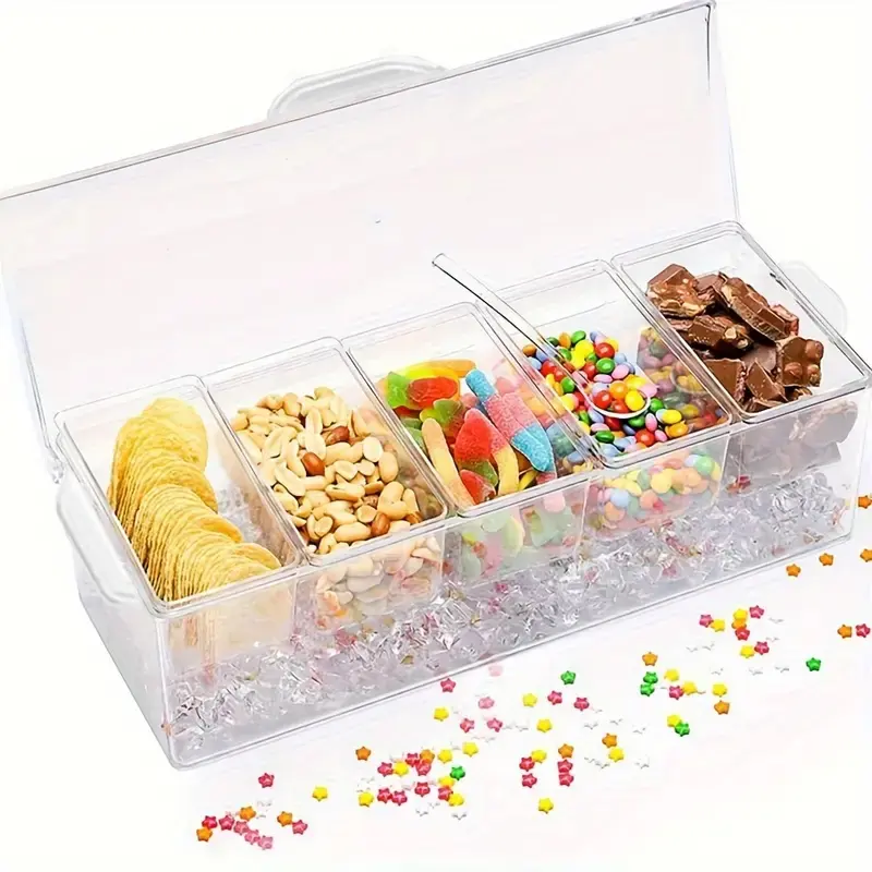 5-Compartment Transparent Non-Glass Container Kit - Leak-Proof, Dustproof, Reusable Snack & Salad Organizer with 5 Forks, 2 Clips, Ice-Chilled Easy-Handling Serving Caddy, Maintains Freshness for Campfire/BBQ Party, Home Dining