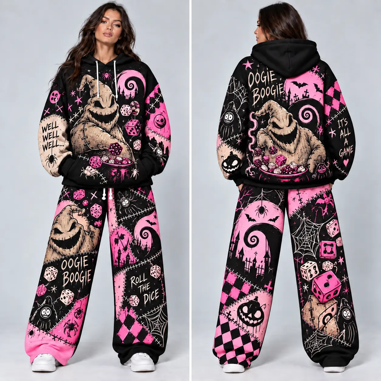 Oogie Boogie Halloween Hoodie & Sweatpants Set, Nightmare Before Christmas Inspired Graphic Tracksuit, Dice Spider Web Pumpkin Patchwork Outfit, Oversized Unisex Horror Costume Set