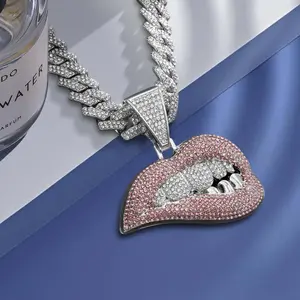 Men Women Hip Hop Bite Lip Shape Pendant Necklace with Cuban Chain Bling HipHop Necklaces Fashion  for Him Mens Unique Birthday Gift