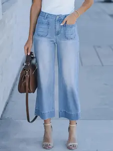 Women's Front Button Pocket Simple Denim Jeans, Casual Mid-Thigh Jeans for Daily Wear, Stylish Comfortable Fit