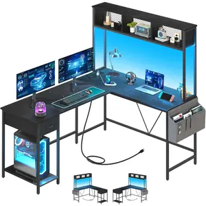 L Shaped Desk Gaming Desk with LED Strip & Power Outlet, Reversible L-Shaped Computer Desk with Storage Shelf & Drawer, Corner Desk with Storage Bag, 2 Person Home Office Desk, Black