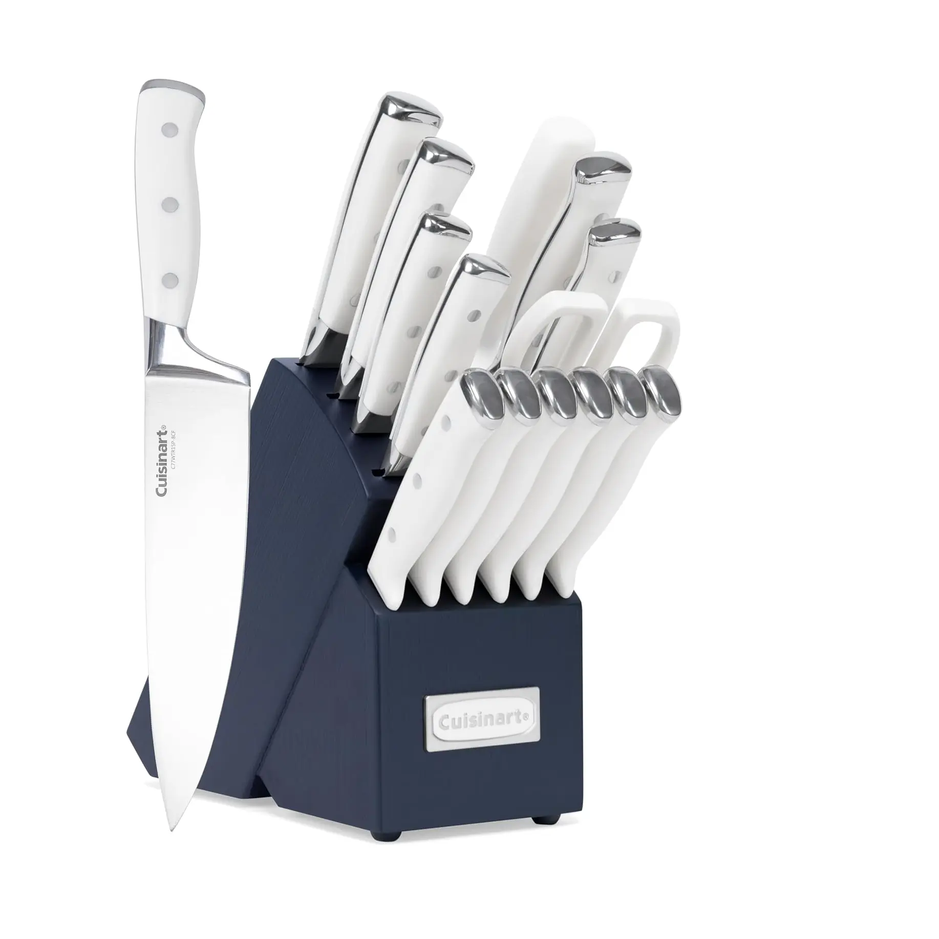 Cuisinart Classic Forged Triple Rivet, 15-Piece Knife Set with Block, Superior High-Carbon Stainless Steel Blades for Precision and Accuracy (White/Navy)
