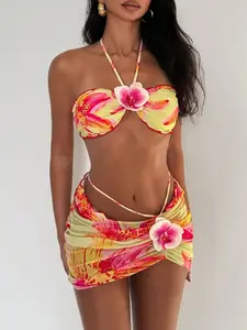 2026 New Floral Print Halter Neck Swimsuit Set,Backless Drawstring Design, Three-Piece Swimwear for Women, Summer Beach Wear,Ruched Bikini Bottoms, Floral Print Swimsuits