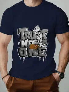 American Street Style Trust No One Snake Print Short Sleeve Men's Tee, Perfect for Skateboarding, Gaming, Trendy Players, Versatile Casual Wear
