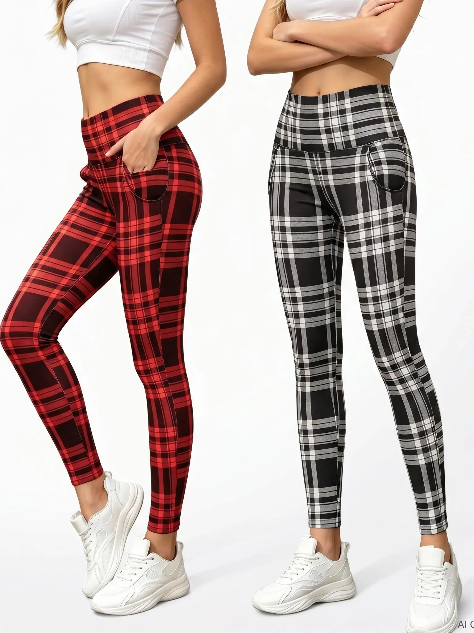 CQQNBV Women's Plaid Leggings, High Waisted Stretch Flex Pants with Tummy Control, Waist Snatching & Multi-Pocket Design for Yoga & Holiday Parties, Leggings Tummy Control, Elastic-Fit Pants, Multi-Pocket Design Pants