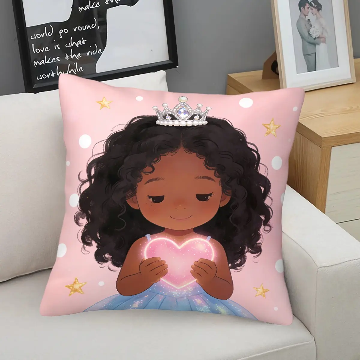 Black Girl Printed Throw Pillow, Sweet Princess Style Decorative Pillow, Soft Square Cushion, Zipper Closure, Perfect for Girls' Sofa, Living Room and Bedroom Decoration, Ideal Gift for Family and Friends