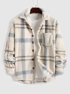 【Please Purchase A Size Up】men's Plaid Print Button Front Fleece Jacket, Coats, Casual Regular Fit Long Sleeve Pocket Outerwear for Fall & Winter, Men's Clothes for Daily Wear