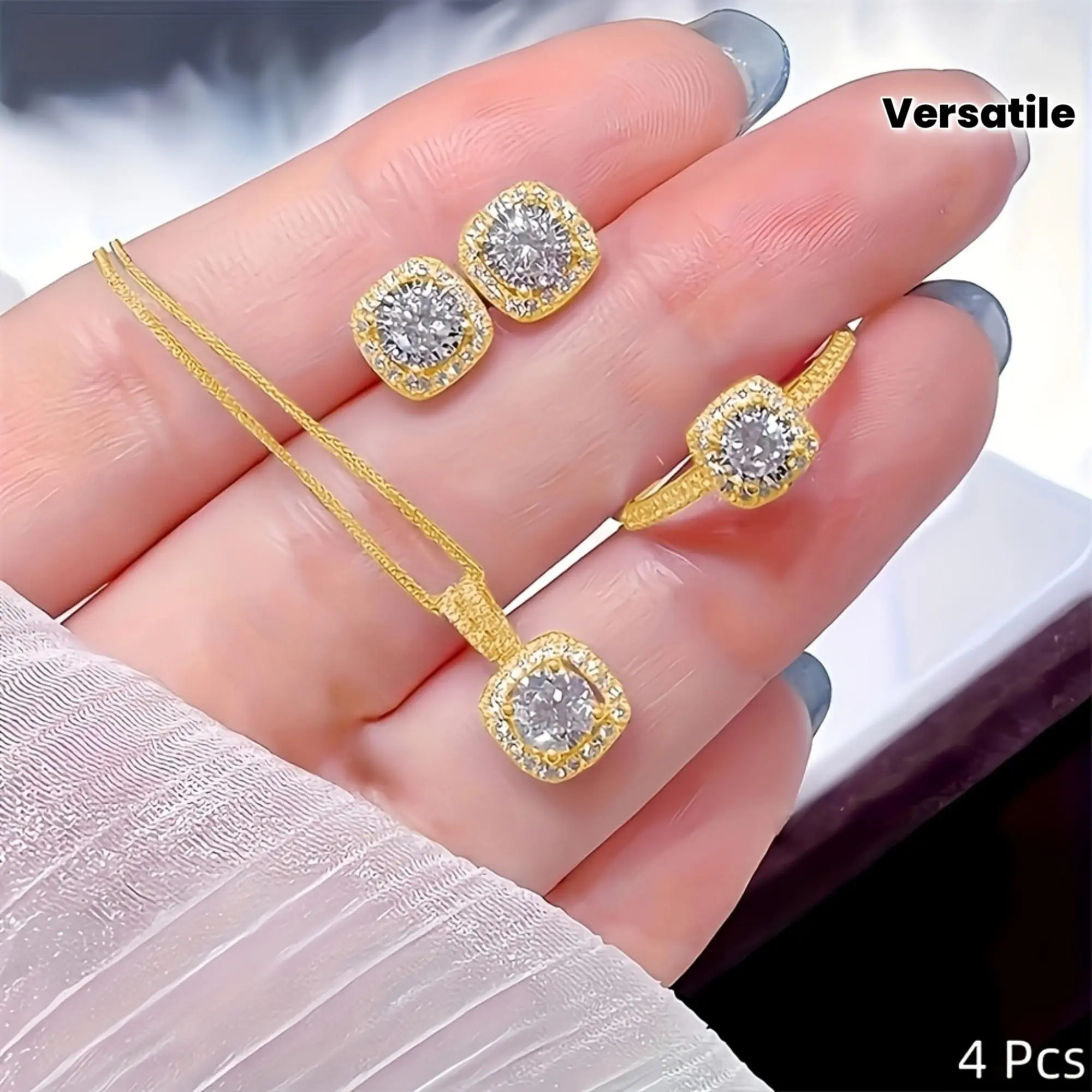 4pcs Bling Rhinestone-Adorned Trendy Costume Jewelry Set - Sparkling Cubic Zirconia Necklace Pendant, Ring, Earrings, Delicately Cut, Fashionable, Versatile for Daily Wear & Special Occasions, Bling Jewelry Sets, Rhinestone-Adorned Jewelry Sets