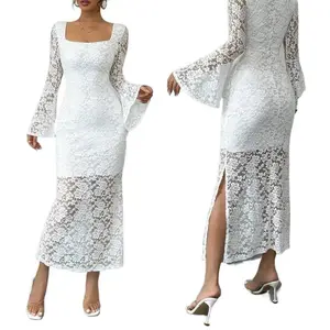 LYD- New lace flared sleeve fitted slit jumpsuit -LYD short jean casual basic white