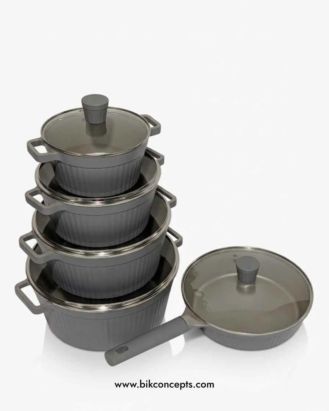 10-Piece Slate Grey Non-Stick Eco-Friendly Aluminum Cookware  - with Handles, Glass Lids, Oil-Saving Function for Frying,   Stainless Steel Cooking Pot Set Aluminium
