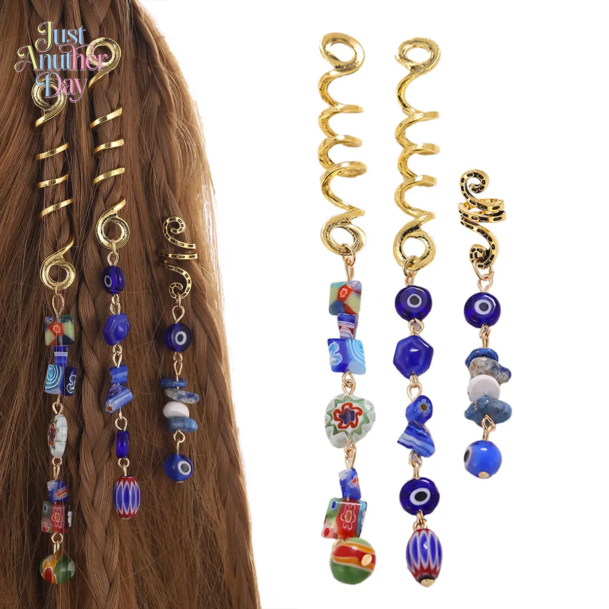 Evil Eye Blue Glass Hair Charms 3Pcs Bohemian Spiral Dreadlock Clips with Colorful Beaded Pendants Perfect for Festival Hairstyles and Protective Braids Boho Hair Jewelry