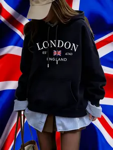 Women's Casual London Letter Print Hooded Sweatshirt, Long Sleeve, Loose-Fitting, Pocket Design, Fall & Winter Wear