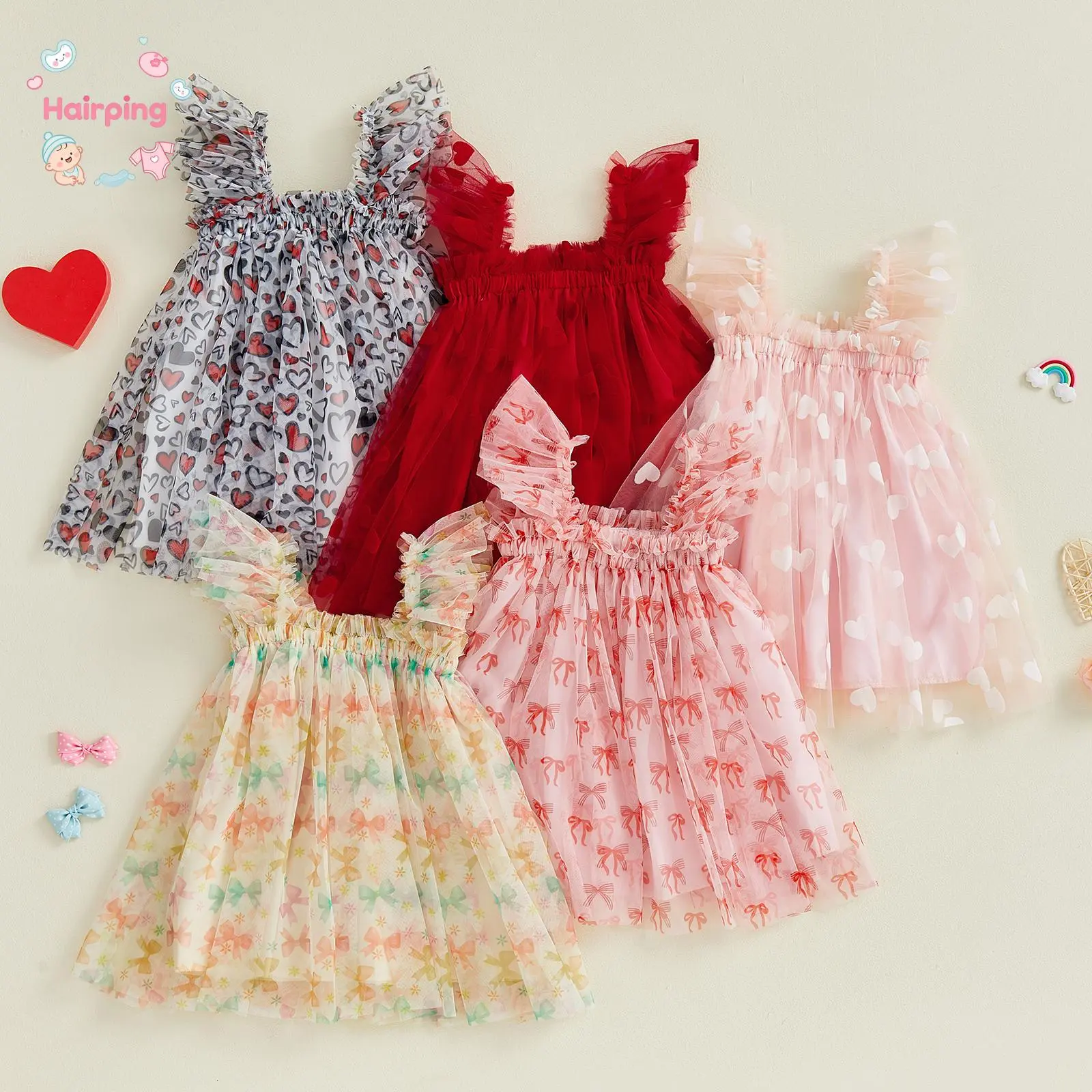 Kid Girl Tulle Dress Heart/Bow Print Flying Sleeve Suspender, A-Line Dress for Spring Summer, Sweet Newborn Outfit Set, Breathable & Adorable for New Arrivals