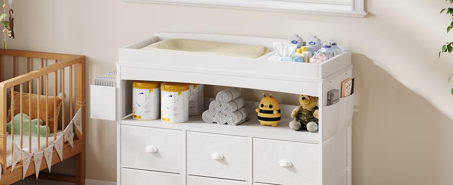 White Sturdy Wood & Engineered Wood Nursery Furniture Infant Changing Table Dresser - 6 Fabric Drawers, Changing Table Top, Storage Shelf, Modern Nursery Diaper Station