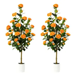 SHareconn 2-Pack 3FT & 4FT Artificial Camellia Trees with Blooming Flowers Lifelike Faux Plants for Indoor Outdoor Home Decor No Maintenance Needed