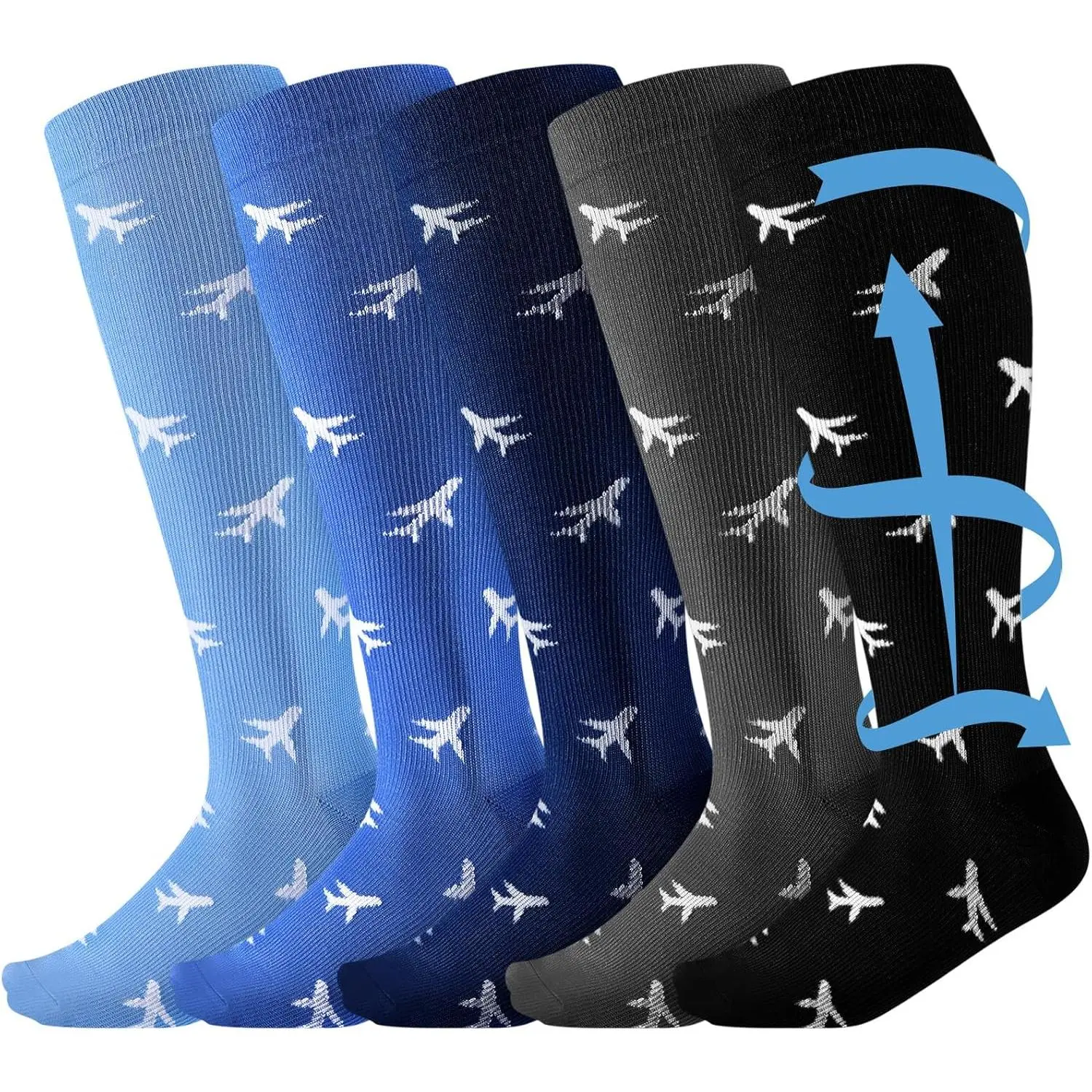 Cuffbow 5 Pairs Funny Airplane Compression Socks for Men 15-20 mmHg Graduated Knee High Pilot Dress Compression Socks for Travel Flight Aviation Travel Birthday Gifts