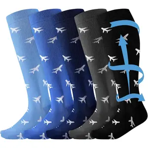 Cuffbow 5 Pairs Funny Airplane Compression Socks for Men 15-20 mmHg Graduated Knee High Pilot Dress Compression Socks for Travel Flight Aviation Travel Birthday Gifts