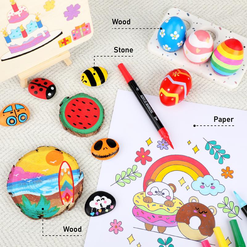 Acrylic Paint Markers, Dual Tip with Fine Tip and Brush Tip Pens for Stone, Wood, Calligraphy, Canvas, Ceramic, Metal, Glass, Rock Painting, DIY Crafts Art Supplies Bag