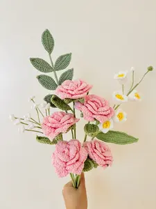 pink rose+crochet flower+crochet bouquet+christmas gift+thanksgiving+handmade flower+forever flower+birthday gift+creative gift+ Housewarming Present+graduation gift+ Marriage Proposal Gift+ Gift for Friends and Family,crochet lily Decor Decorative