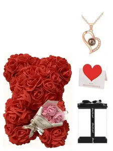 Valentine's Day Gift Set for Girlfriend, 100 Love Languages Necklace, Bouquet Bear Combo, Card Box Kit, Ideal for Mother's Day