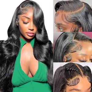 Women's 10A HD Human Hair Lace Front Wig, 180 Density Body Wave, Pre-Plucked Glueless Black Wig bundles