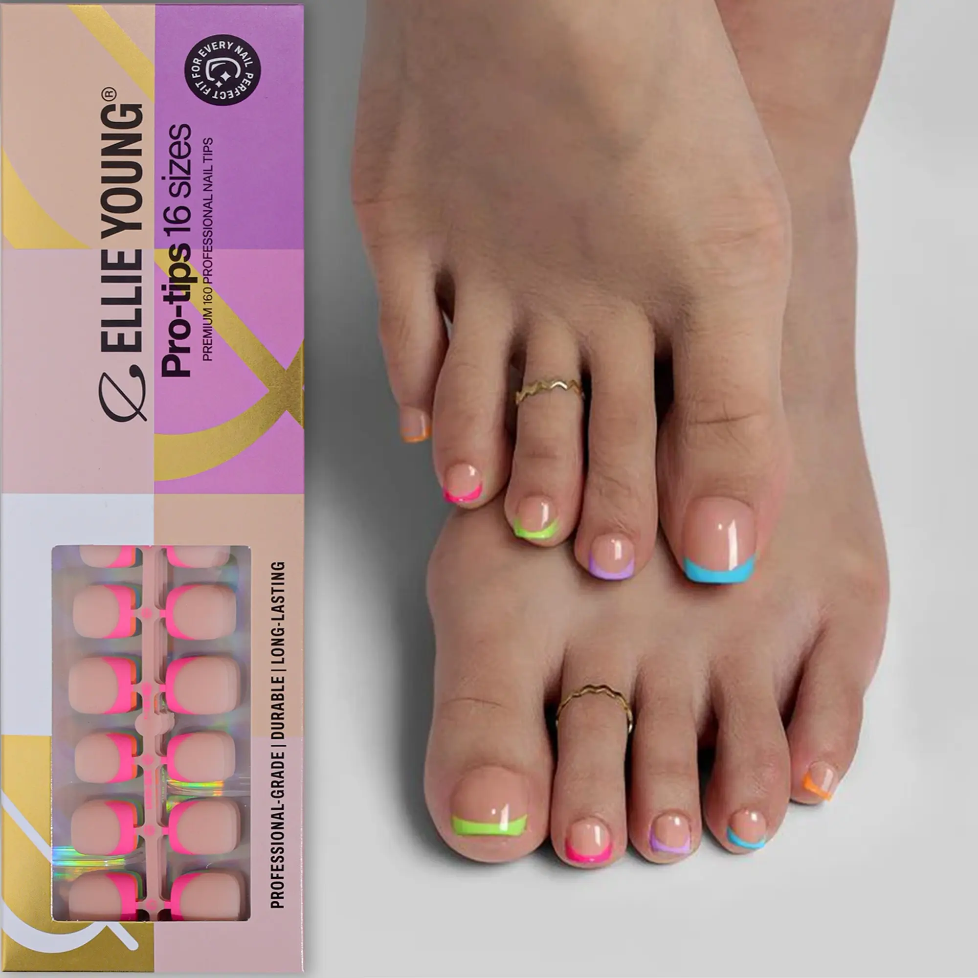 ELLIE YOUNG Short Squoval Colorful French Toenail Tips with Nude Base, Soft Gel Nail Tips, False Nail Tips, Nails Press Ons, 160pcs Press-On Nails Kit with 16 Sizes, Matte Acrylic Look, Salon Quality Finish, At-Home Pedicure, French Style, Nail Extension