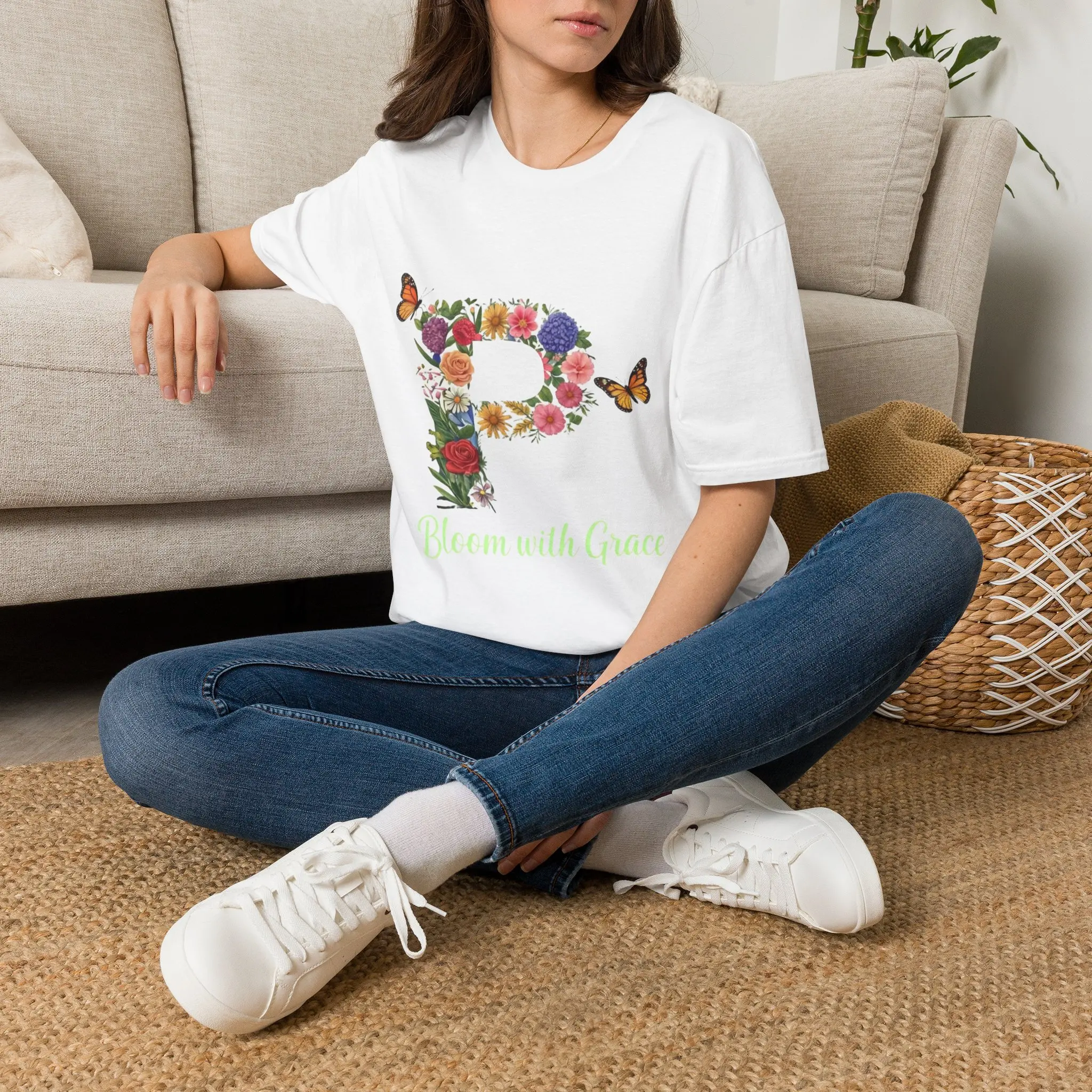 Floral Letter P Monogram T-Shirt | Flower Initial with Butterflies