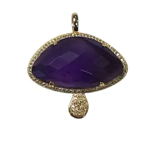 Mushrooms Charm Stones Pendant with Gold Plated Edge and Teardrop Design for Elegant Jewelry