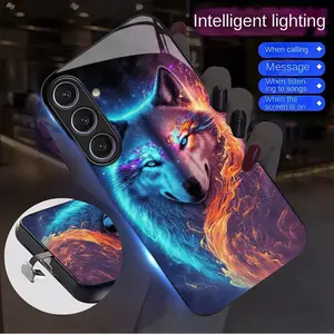 Ice and Fire Double Sky Mysterious White Wolf Luminous Phone Case Suitable for Samsung Galaxy S25 Ultra/S24 Ultra/S22 Ultra/S23 Ultra/S21 Ultra/S20 Ultra/S10+/Note 20 Ultra/A55/A54/A53/A52/A35/A34/A33/A25/A23/A15/A14/A13/A12 Colorful intelligent