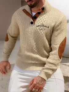 Men's Winter Knit Button Front Stand Collar Sweater, Vintage Texture Plaid Letter Pattern Shirt, Casual Outdoor Wear for Cold Weather