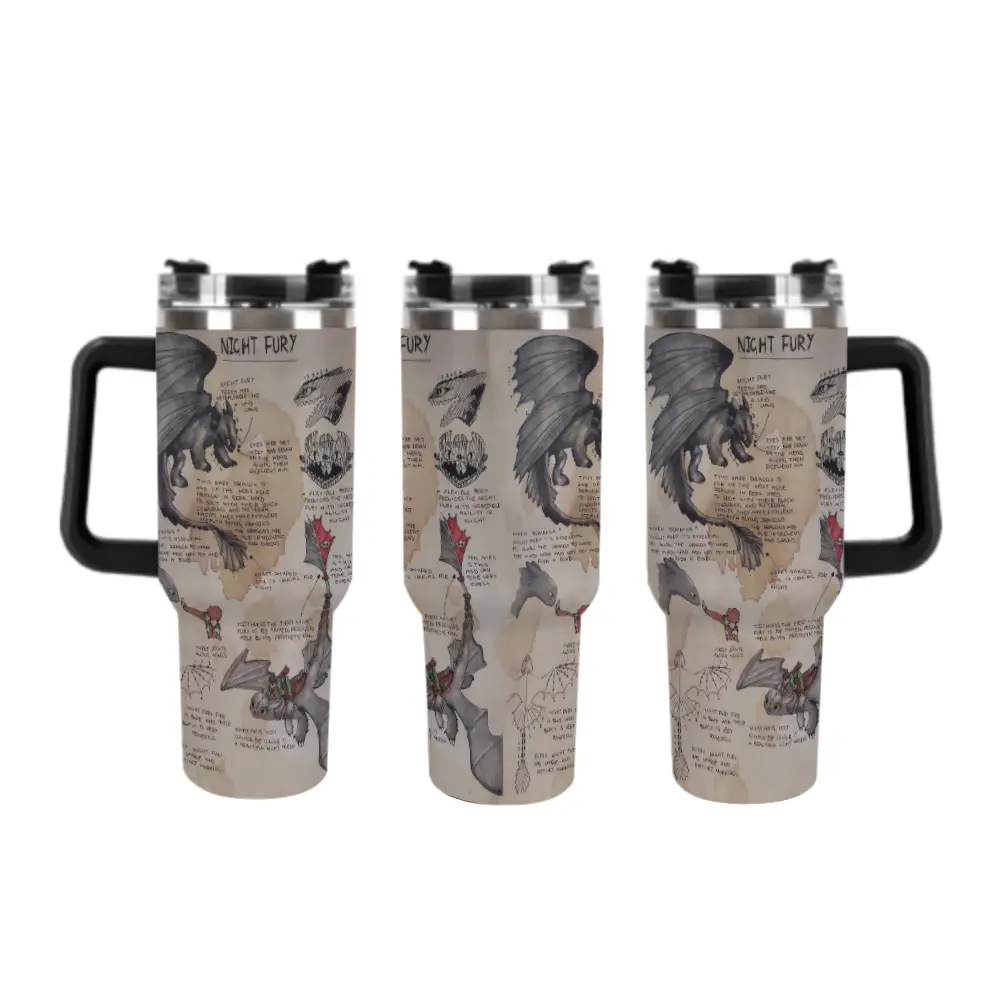 Night Fury Dragon Sketch 40oz Tumbler with Handle, Fantasy Dragon Travel Mug for Dragon Lovers, Stainless Steel Insulated Cup, Perfect Gift for HTTYD Fans
