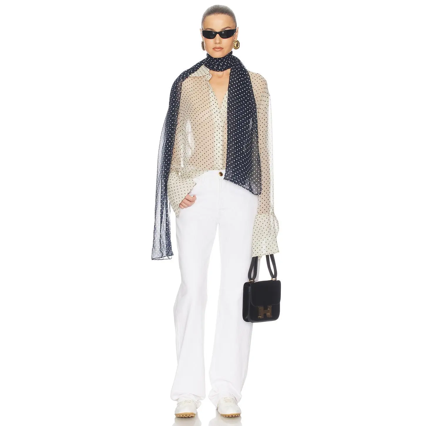Helsa The Shawl in Silk Chiffon in Navy & Ivory Dot