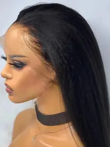 Soft No Glue Pre-Bleached 26 Inch Long 180% Density Daily Yaki Straight Hair 13x4x1 Lace Front Wig, High Temperature Resistant