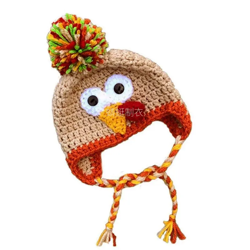 Kids Cap with Turkey Pattern, Knitted Woolen Yarn Beanie with Earflaps for Toddlers, Halloween Costume Hat, 48-54cm, Animals, 18.9-21.26Inches, Boy, Daily, Outdoor