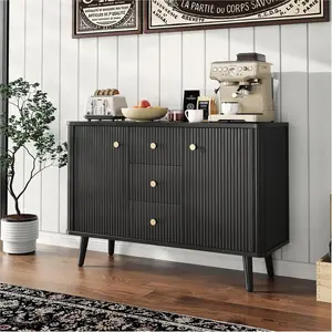 Modern Fluted Sideboard Buffet Cabinet with 3 Drawers Wood Storage Cabinet Space Saving Coffee Bar Station Accent Furniture for Kitchen Dining Room Living Room Apartment