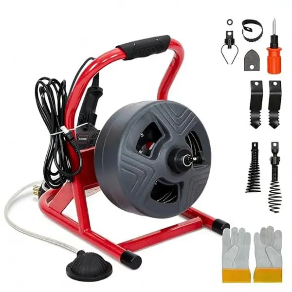 GARVEE 50Ft x 5/16 Inch Drain Cleaner Machine, Electric Drain Auger Cleaner, Sewer Snake Auger Auto Feed with 6 Cutter & Air-activated Foot Switch for 3/4" to 3" Pipes