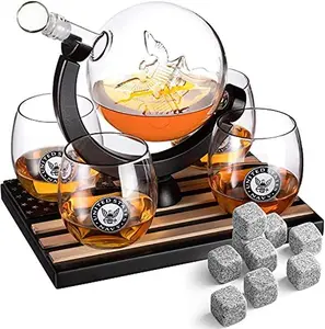 U.S. Navy Globe Whiskey Decanter Set with 4 Liquor Glasses