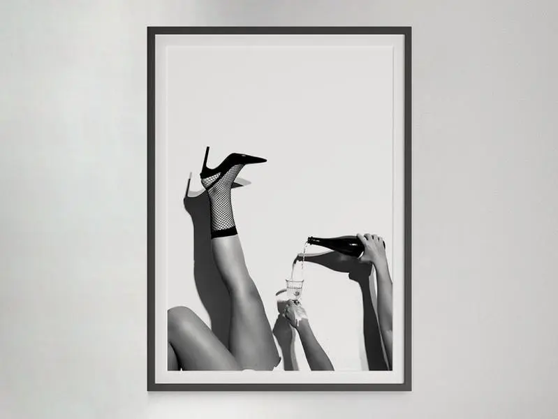 High Heel Woman Pouring Wine Print, Black and White, Bar Cart Poster, Cocktail Wall Art, Hypebeast Poster